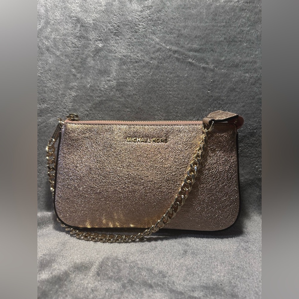 Michael Kors Jet Set Rose Gold Glitter Pochette On Gold Chain